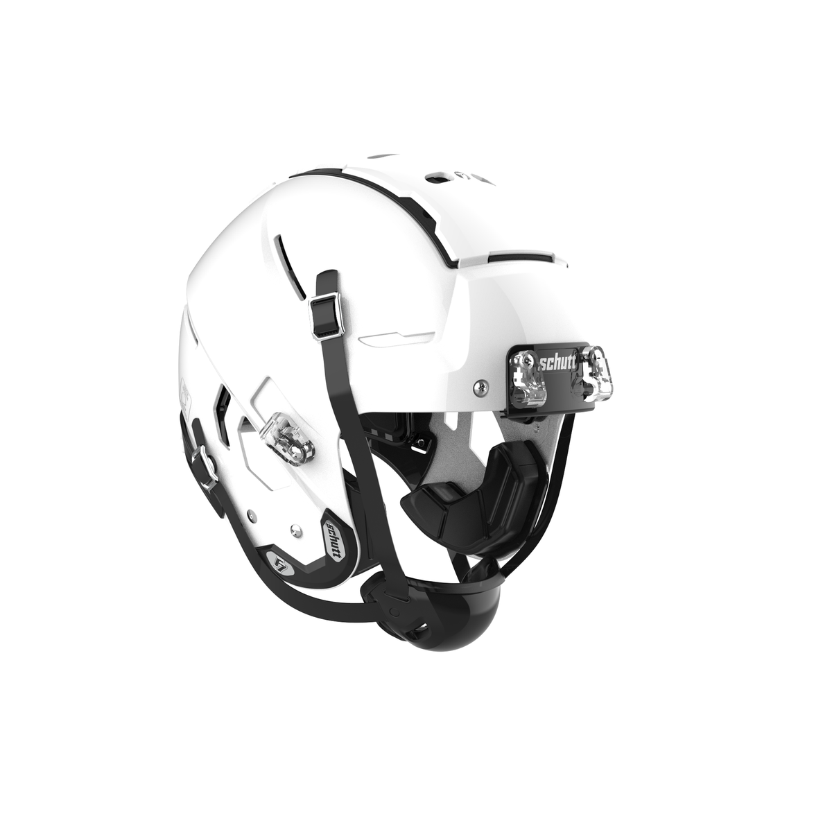 SCHUTT F7 VTD Collegiate football helmet in gloss white without facemask, featuring black chinstrap, interior padding, and front bumper detail, shown on a white background.