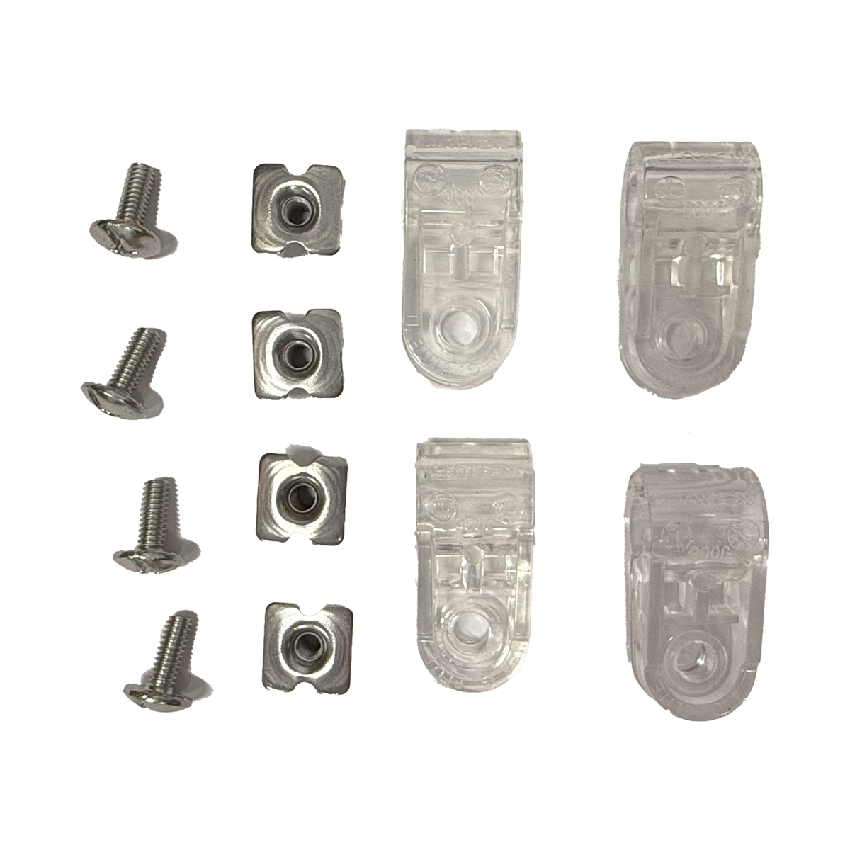 Schutt helmet hardware pack with screws, nuts, and clear plastic clips for facemask attachment