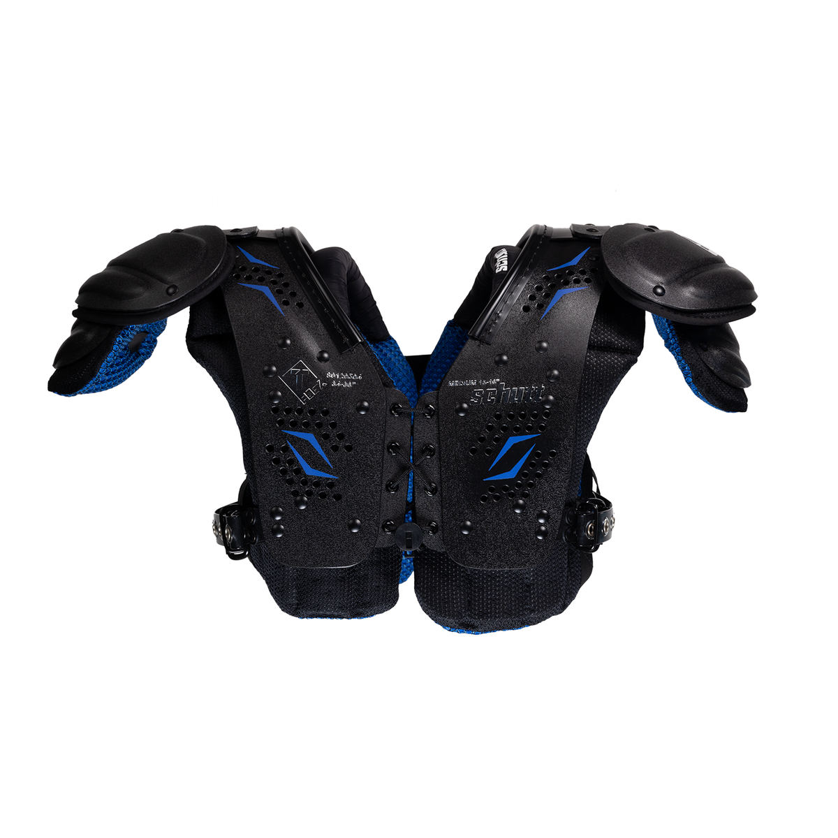 Schutt T-Flex youth football shoulder pads in black and blue