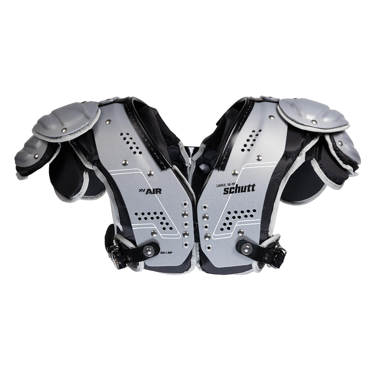 Schutt XV Air all-purpose football shoulder pads in silver and black