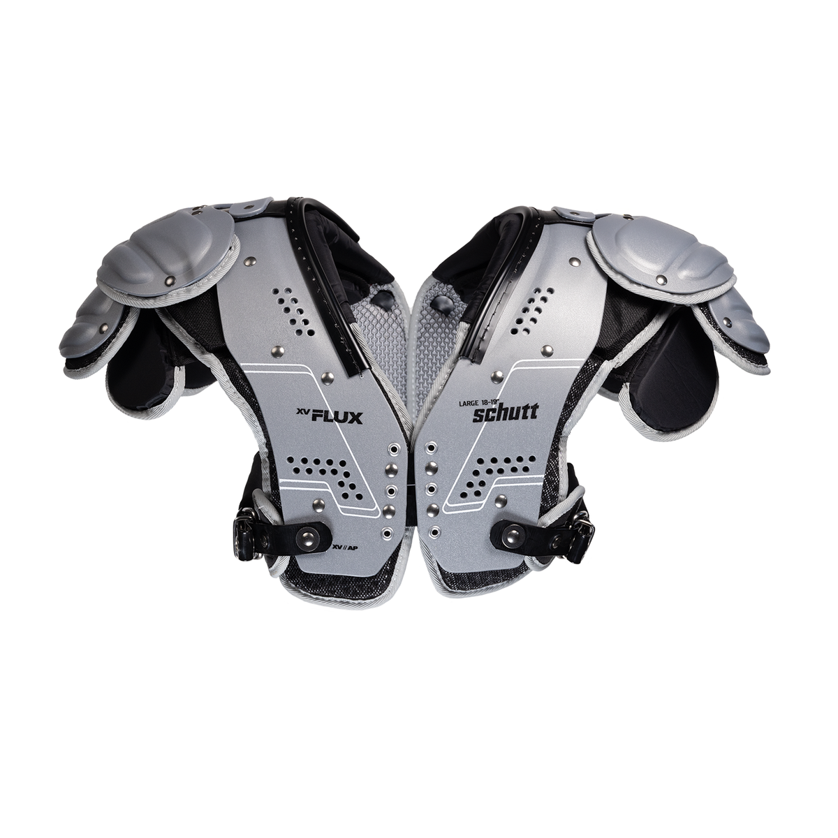Schutt XV Flux all-purpose football shoulder pads in silver and black