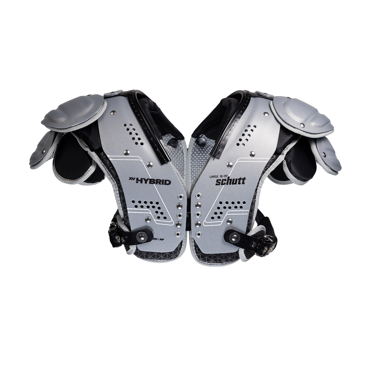 Schutt XV Hybrid all-purpose football shoulder pads in silver and black