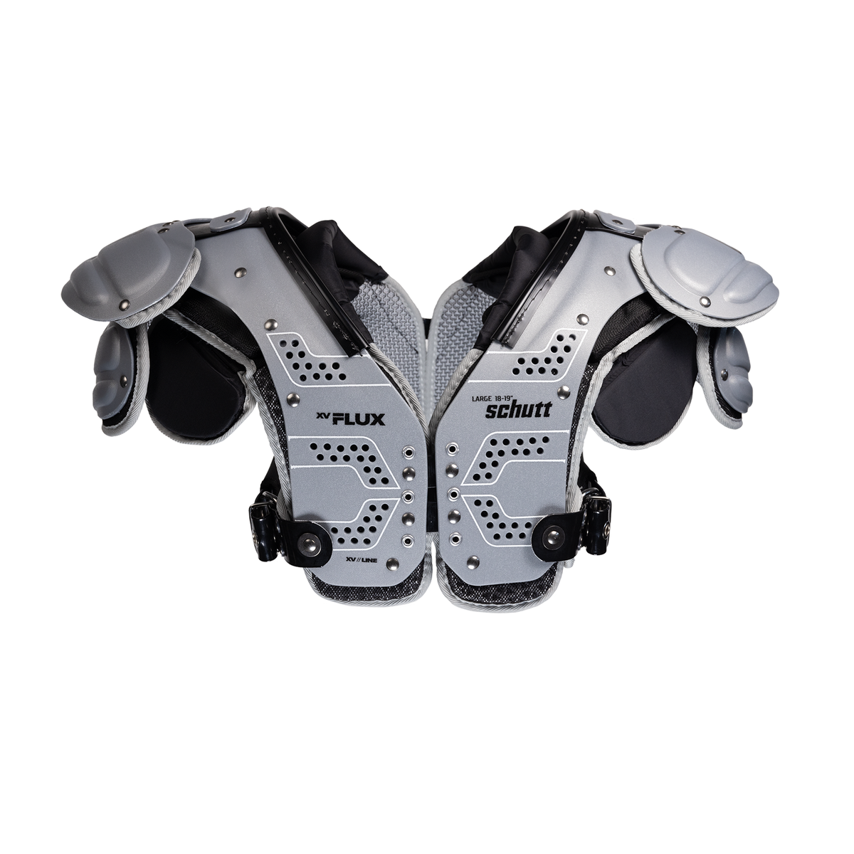 Schutt XV Flux line football shoulder pads in silver and black