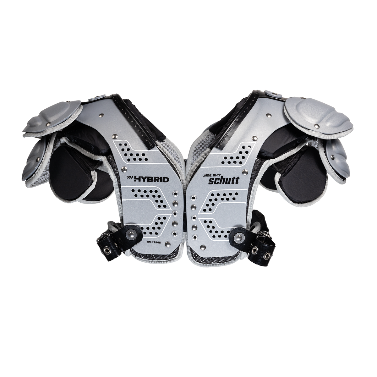 Schutt XV Hybrid line football shoulder pads in silver and black