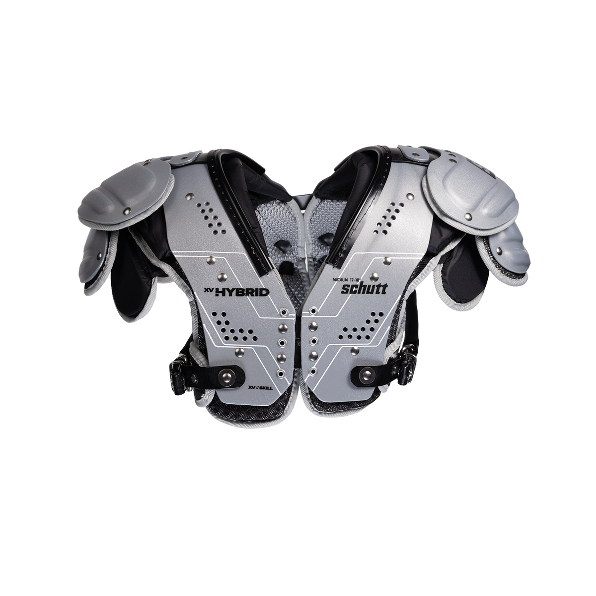 Schutt XV Hybrid skill football shoulder pads in silver and black
