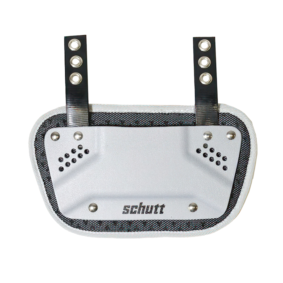 Schutt XV varsity football back plate in silver with black straps