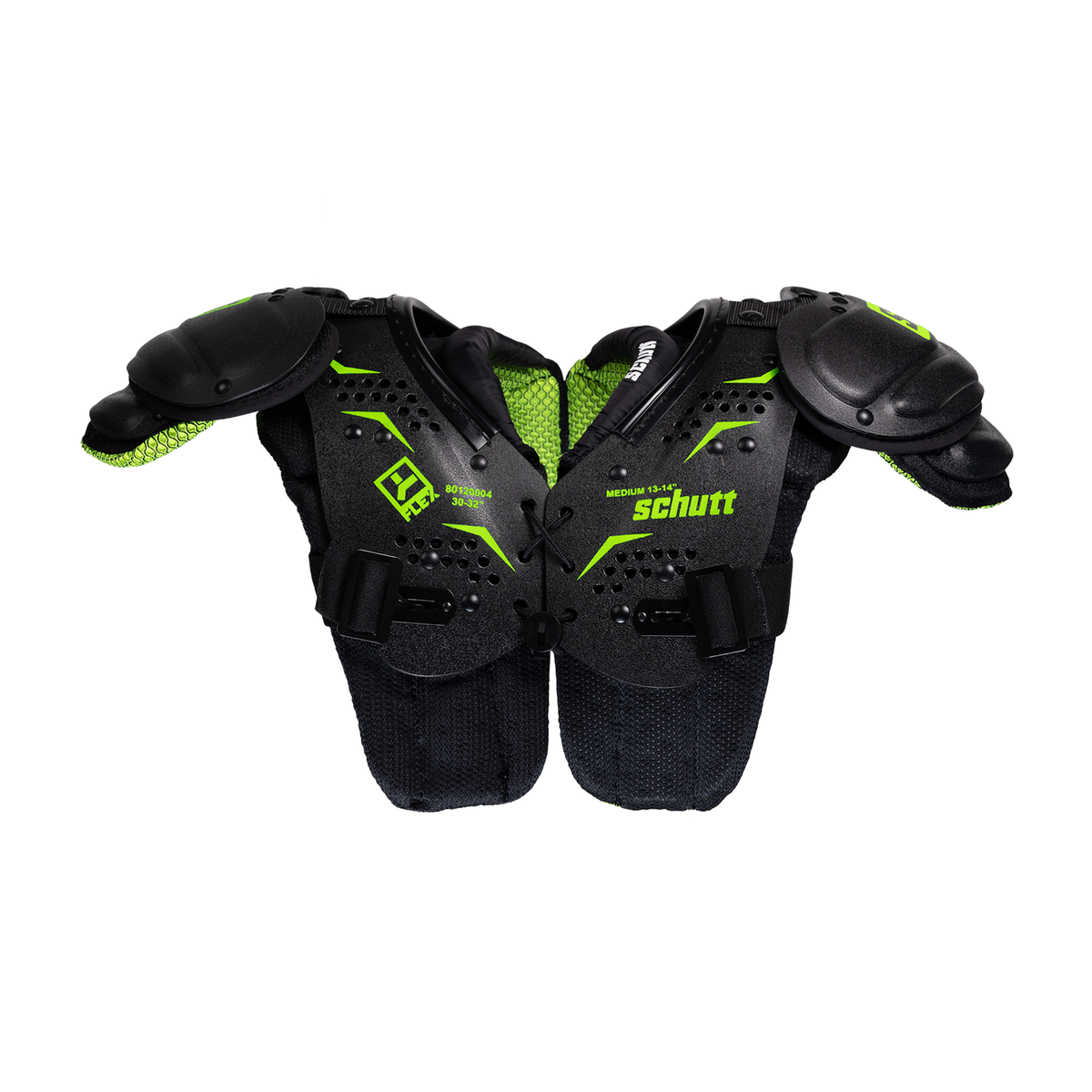 Schutt Y-Flex youth football shoulder pads in black with neon green accents