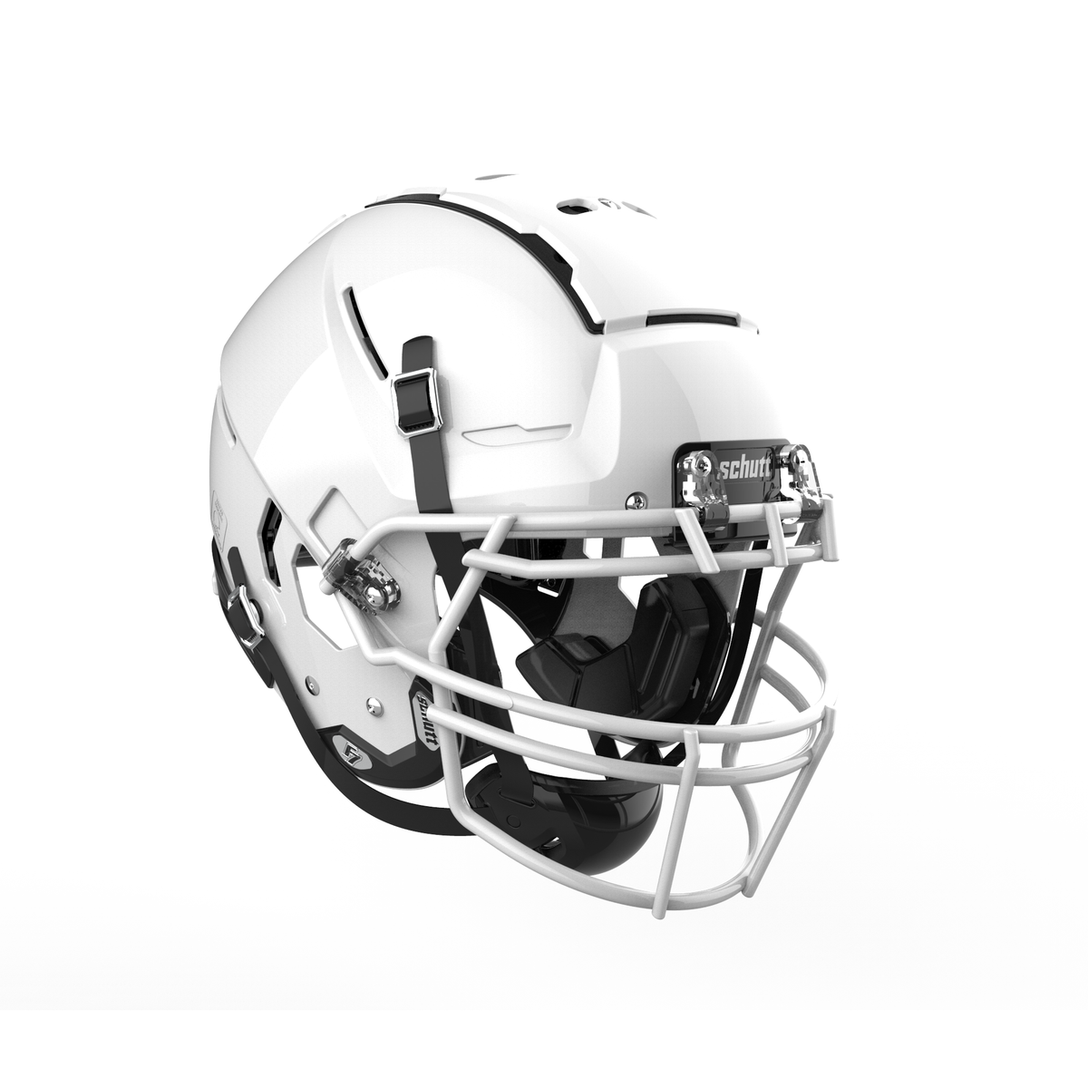 SCHUTT F7 2.0 Collegiate football helmet in molded gloss white with white facemask and black interior padding, shown on a white background.