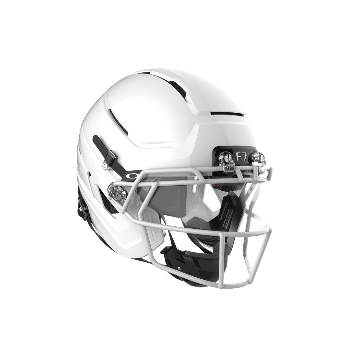 SCHUTT F7 Pro football helmet in gloss white with white facemask and black chinstrap, shown in angled side view on a white background.