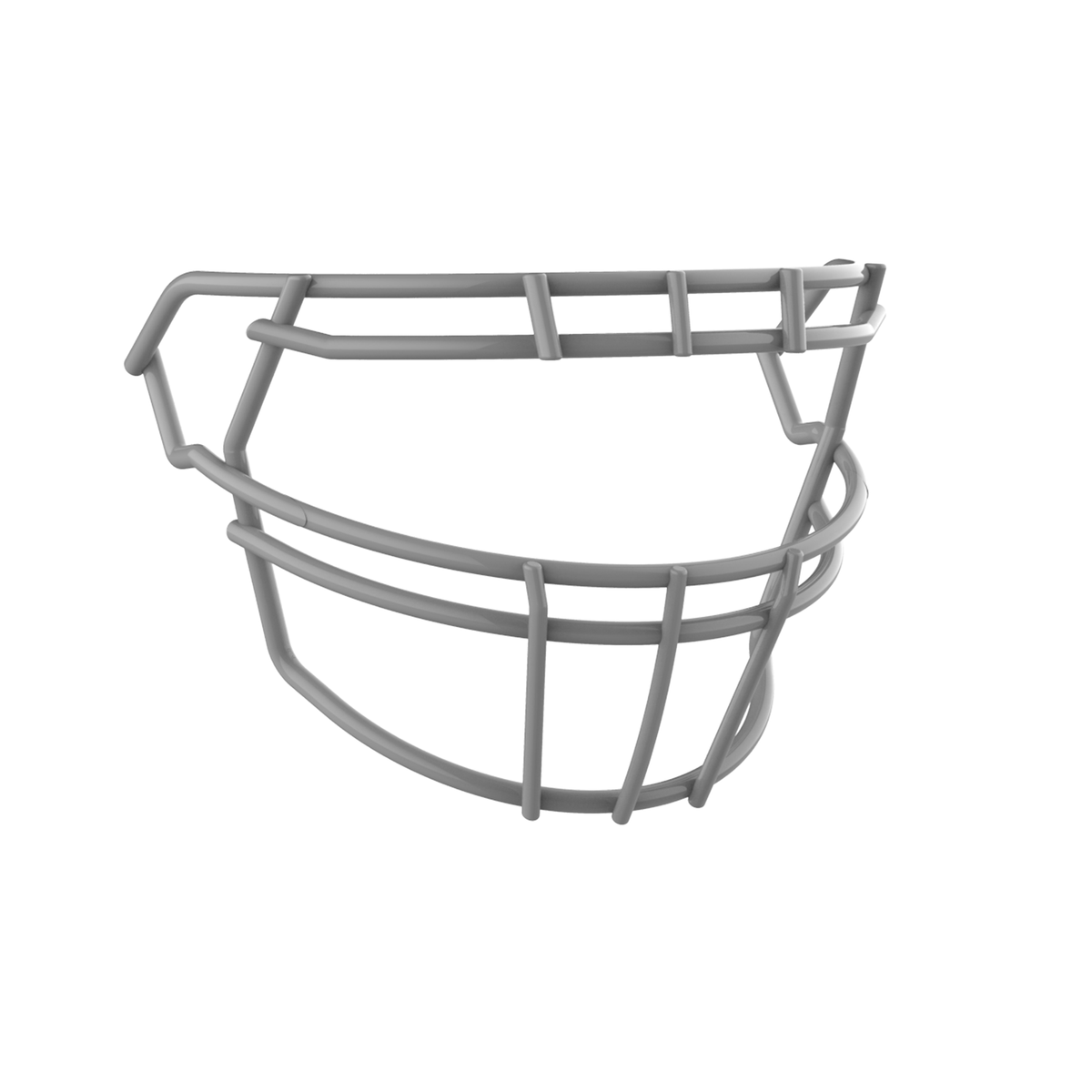 SCHUTT F7 ROPO-DW-O-NB-VC football facemask in gray finish, featuring double upper bars, offset eye protection design, and extended lower guard, shown on a white background.