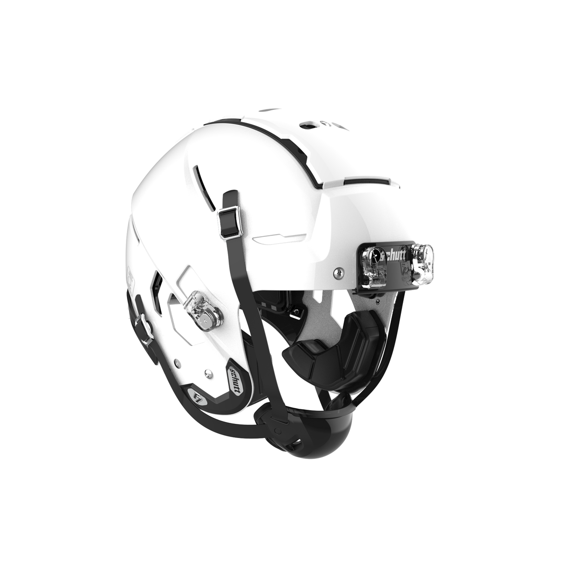 SCHUTT F7 VTD Professional football helmet in gloss white without facemask, featuring black chinstrap, interior padding, and front bumper with Schutt branding, shown on a white background.