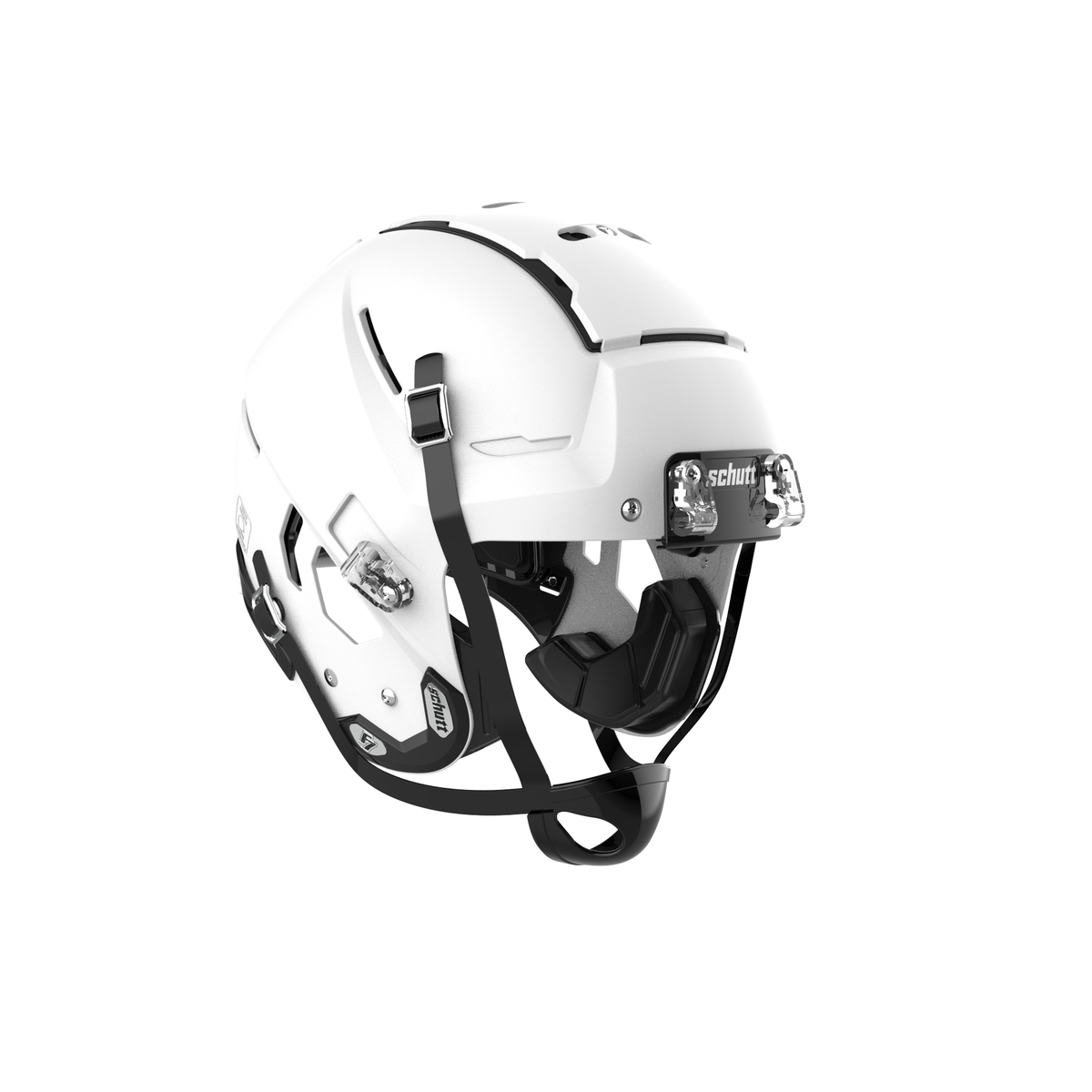 SCHUTT Youth F7 LX1 football helmet in matte white with black chinstrap, shown without facemask on a white background.