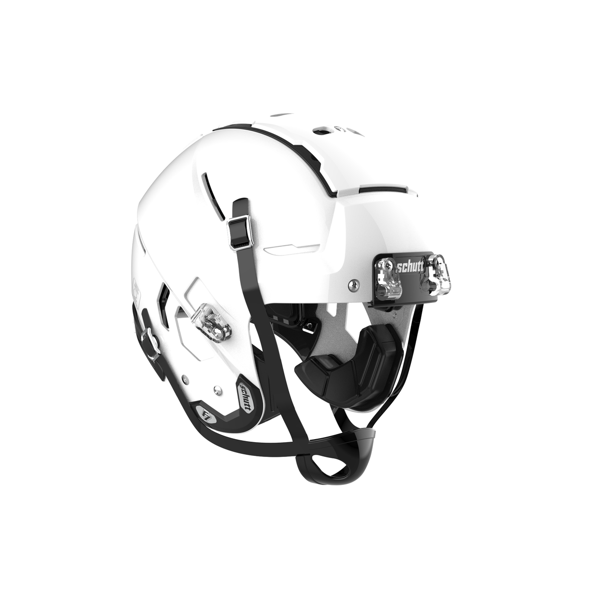 SCHUTT Youth F7 LX1 football helmet in gloss white with black chinstrap, shown without facemask on a white background.