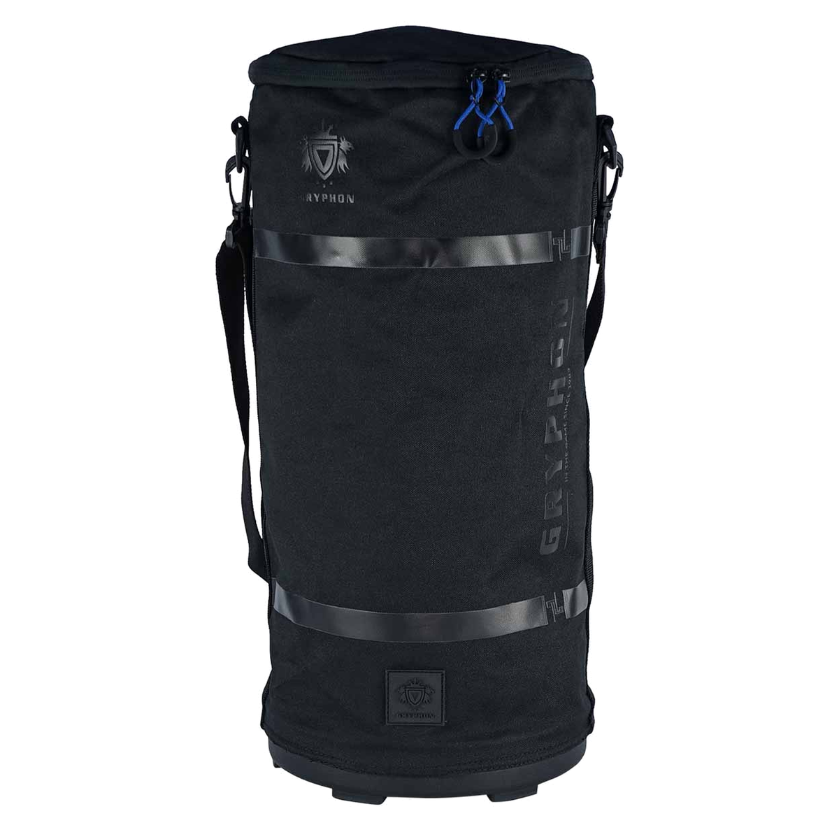 Gryphon Billie ball bag in black featuring a cylindrical design with durable fabric, zip closure, and adjustable shoulder strap for easy transport of sports balls.