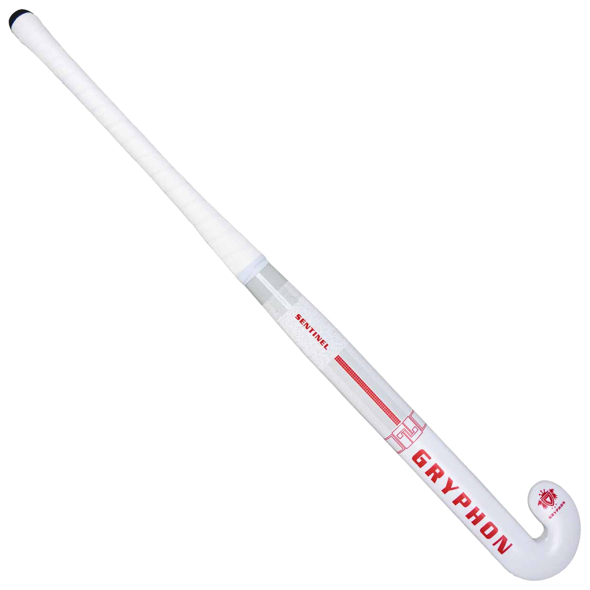 Gryphon Sentinel white goalkeeping field hockey stick with padded grip and curved head