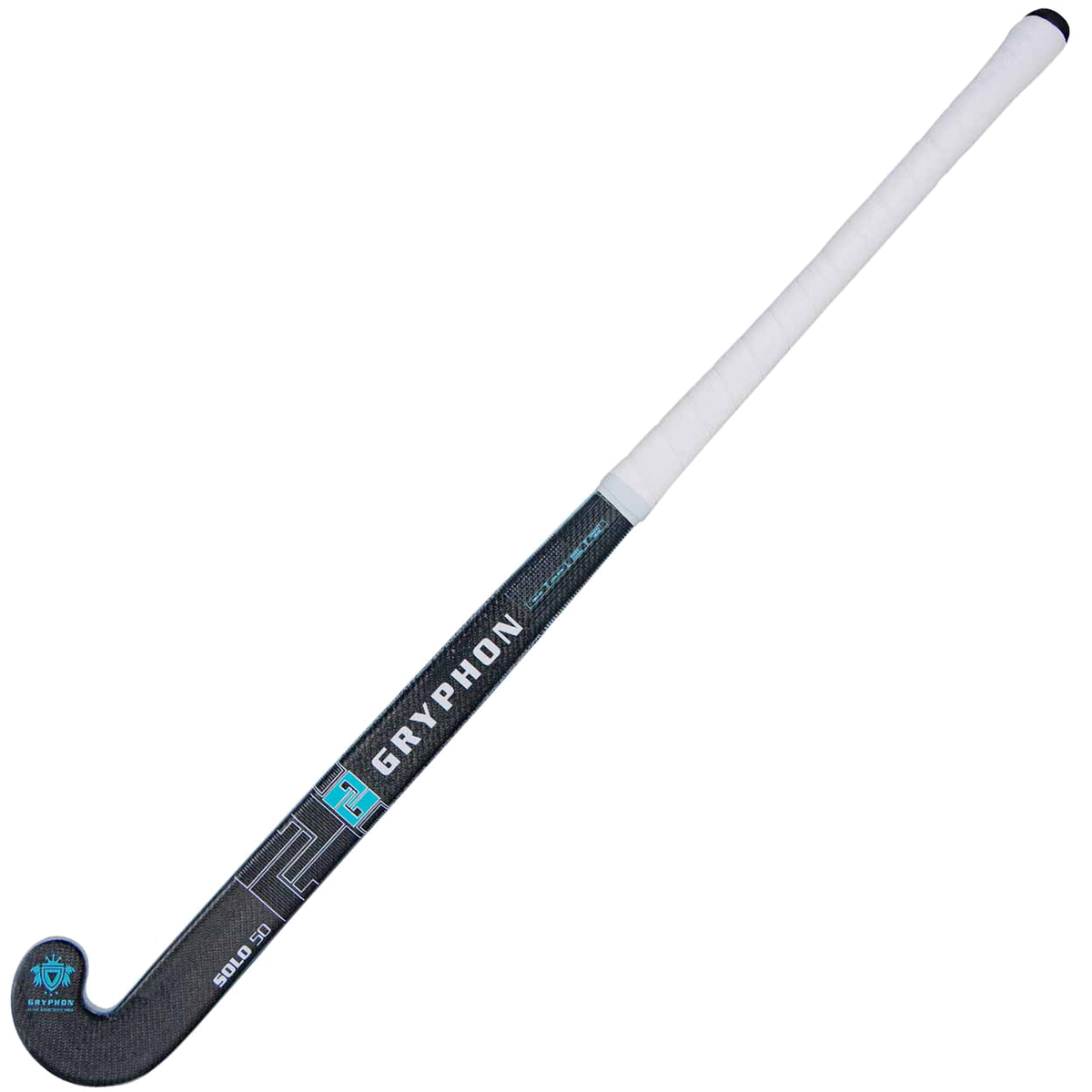Gryphon Solo Pro 25 blue field hockey stick with white grip and curved head design