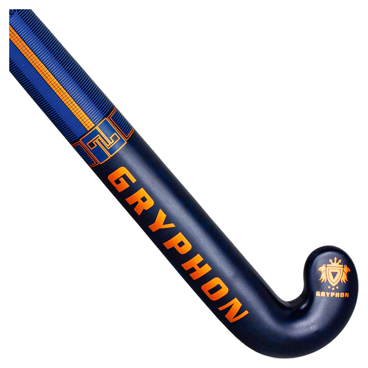 Gryphon Blue Steel D2 navy field hockey stick with white grip and orange detailing