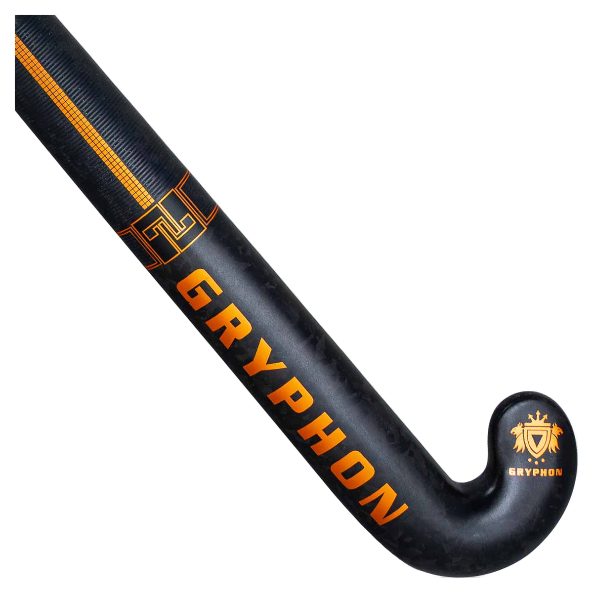 Gryphon Tour Pro25 black composite field hockey stick with carbon texture and orange branding