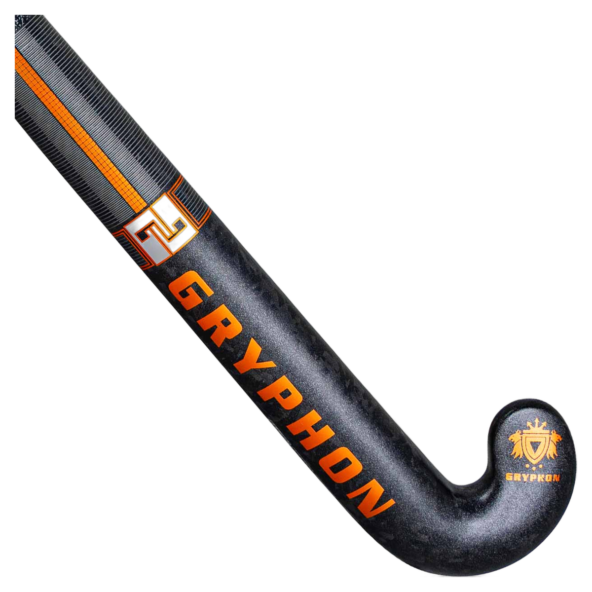 Gryphon Striker Samurai silver field hockey stick with black carbon finish and orange accents