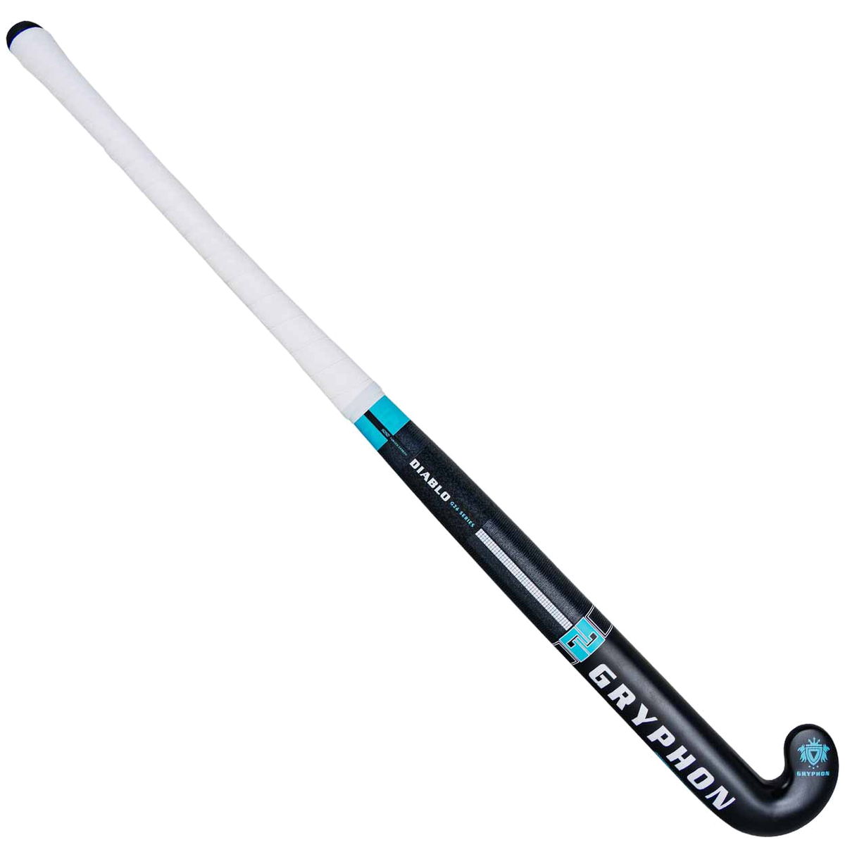 Gryphon Diablo Pro 25 field hockey stick in black with carbon texture and blue detailing