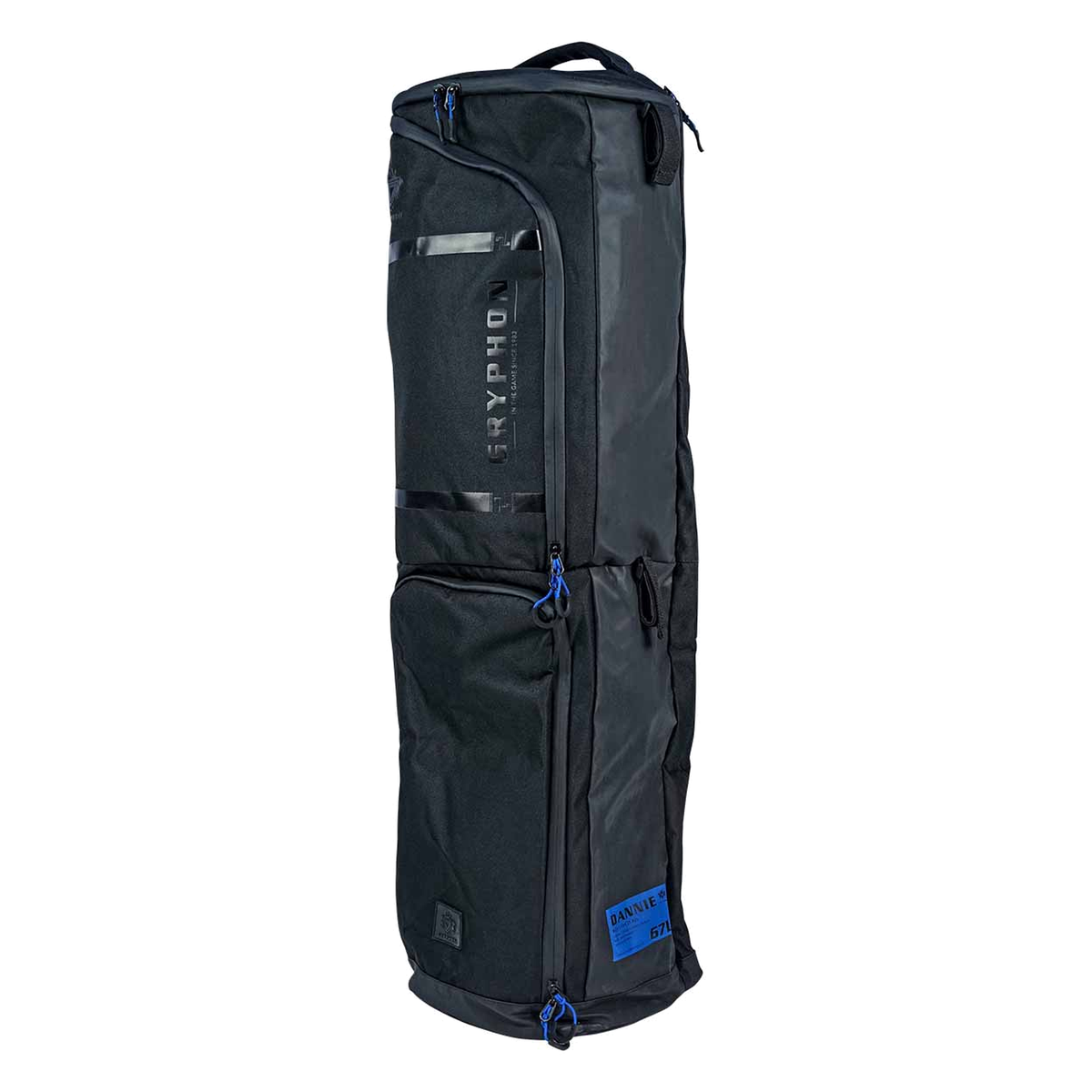 GRYPHON Dannie field hockey stick bag in black with multiple zip compartments and blue accent zipper pulls
