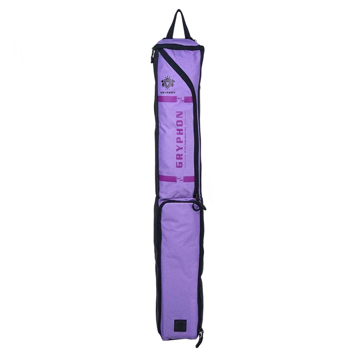 GRYPHON Paulie field hockey stick bag in purple with black trim, shoulder strap, and multiple storage compartments