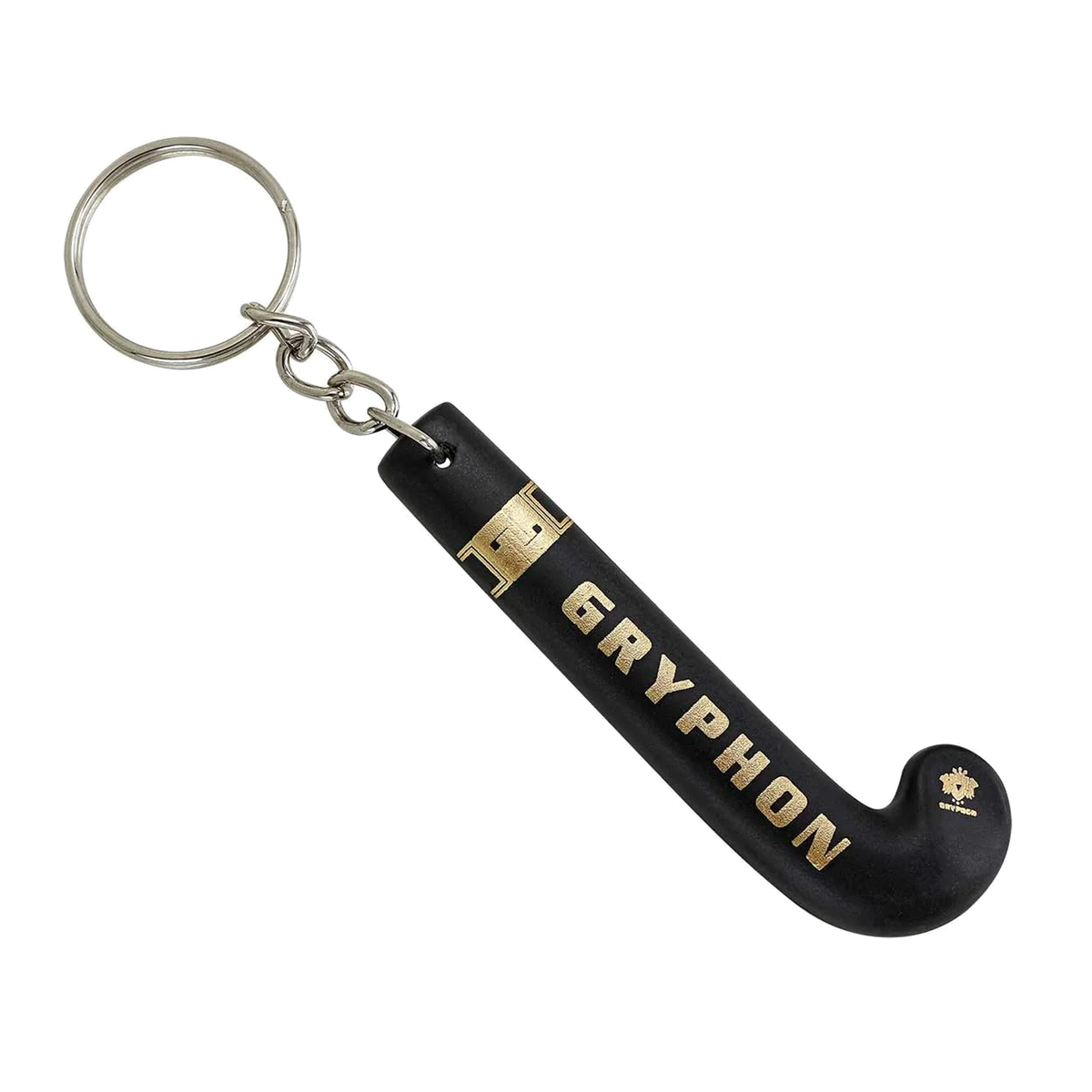 Gryphon mini field hockey stick keychain in black with gold branding and metal key ring