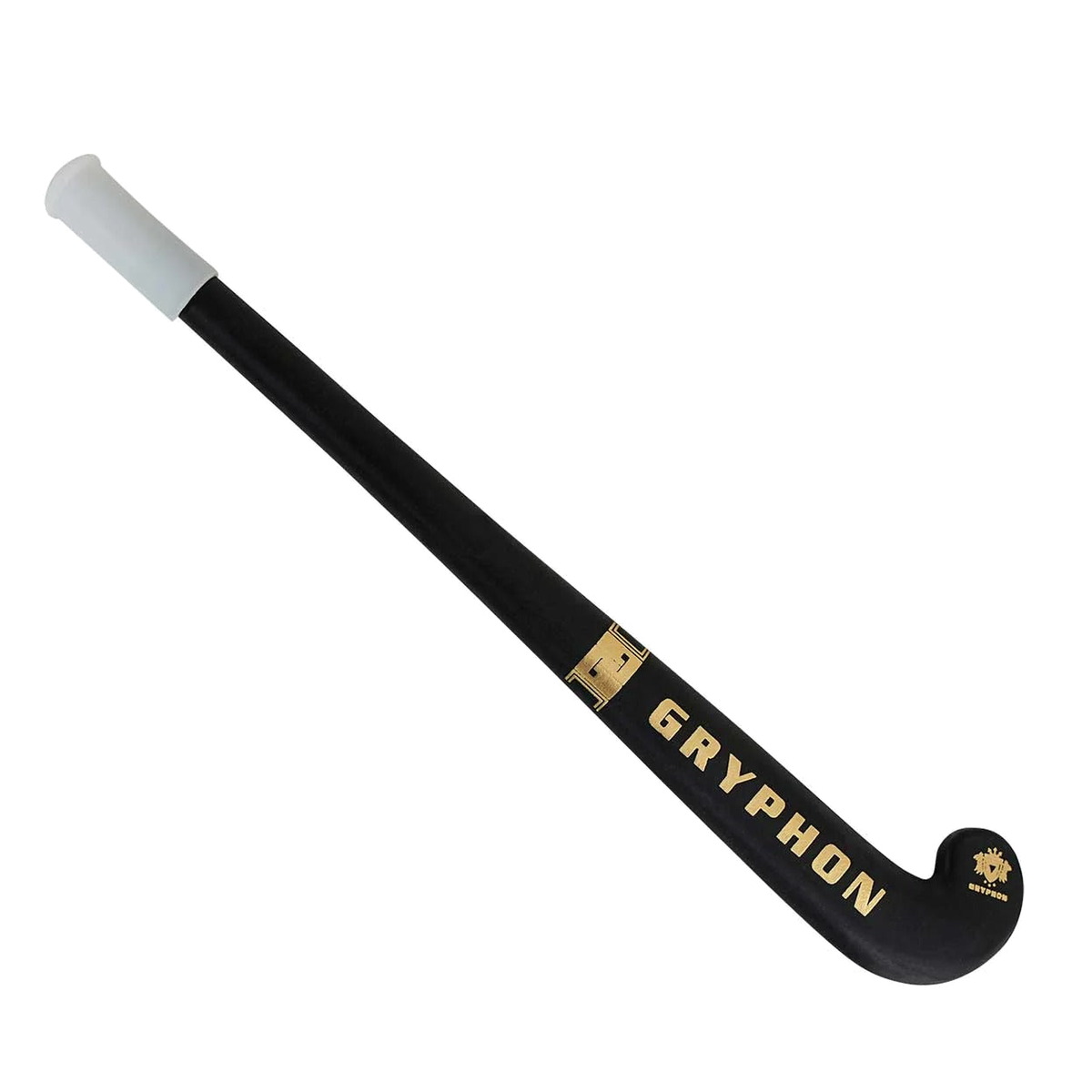 Gryphon mini field hockey stick pen in black with gold logo and white grip handle
