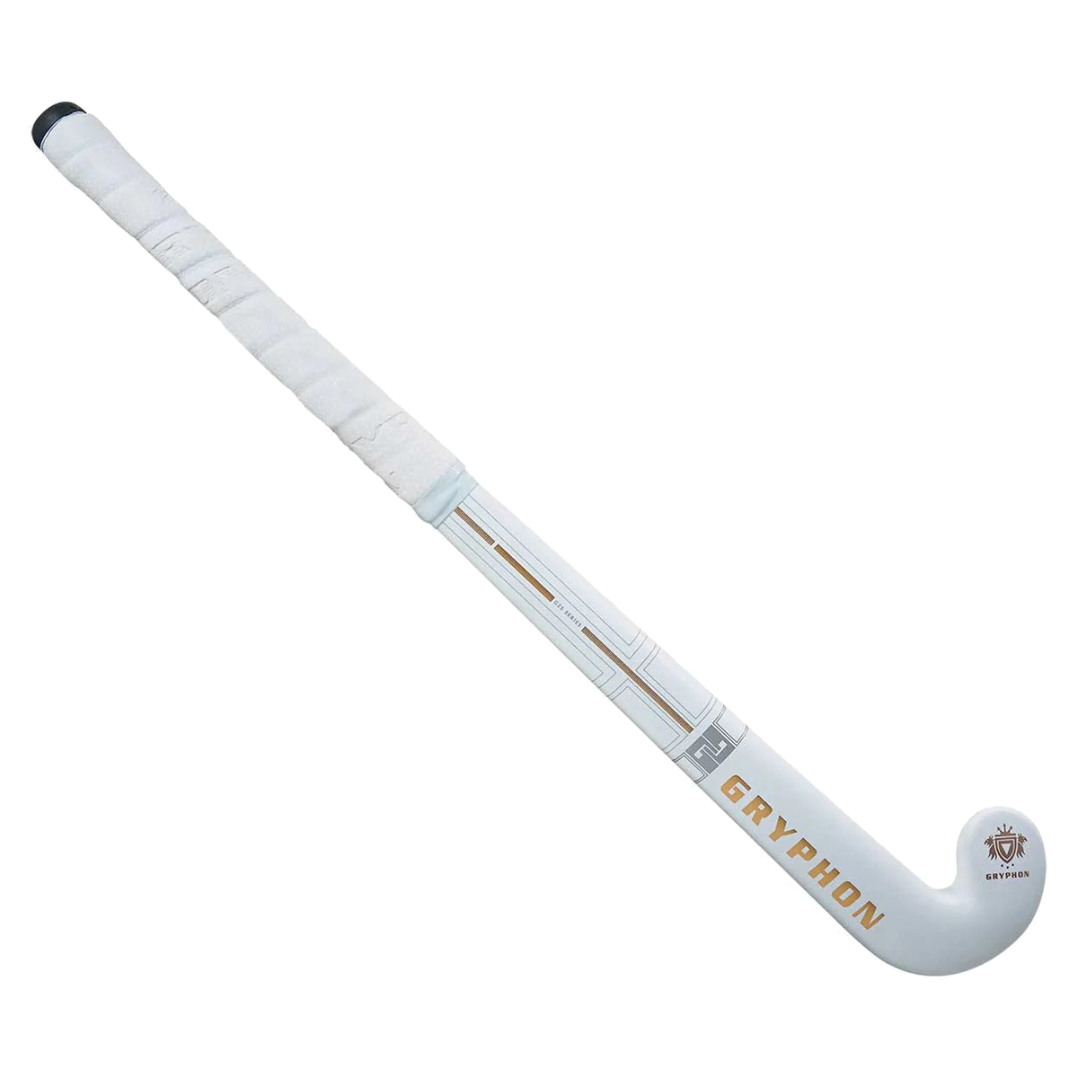 Gryphon 24-inch mini field hockey stick in white with gold branding and white grip handle
