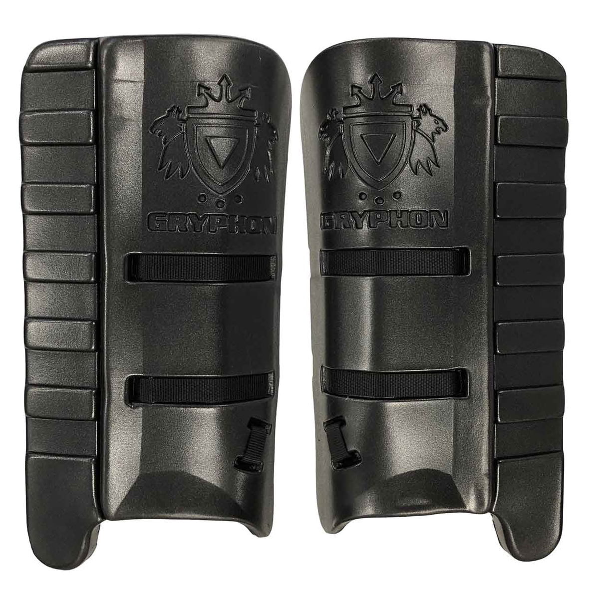 GRYPHON Sentinel field hockey goalkeeper legguards featuring a durable foam construction, ribbed side protection, and adjustable straps for a secure and comfortable fit.
