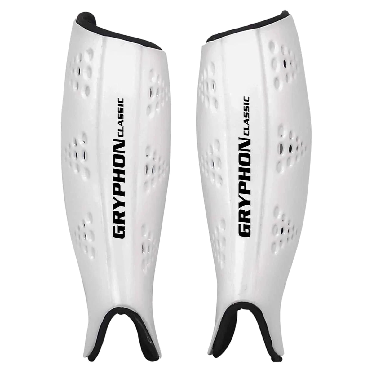 Gryphon Classic field hockey shinguards with hard outer shell and ventilation holes for impact protection
