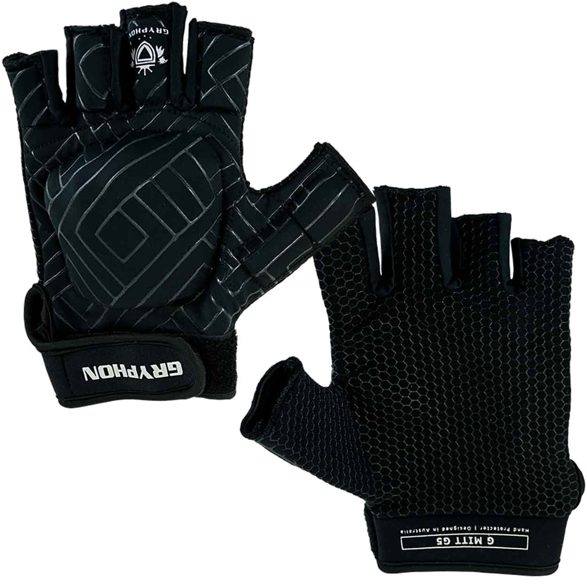 Gryphon G-Mitt G5 field hockey glove with padded backhand protection and open finger design