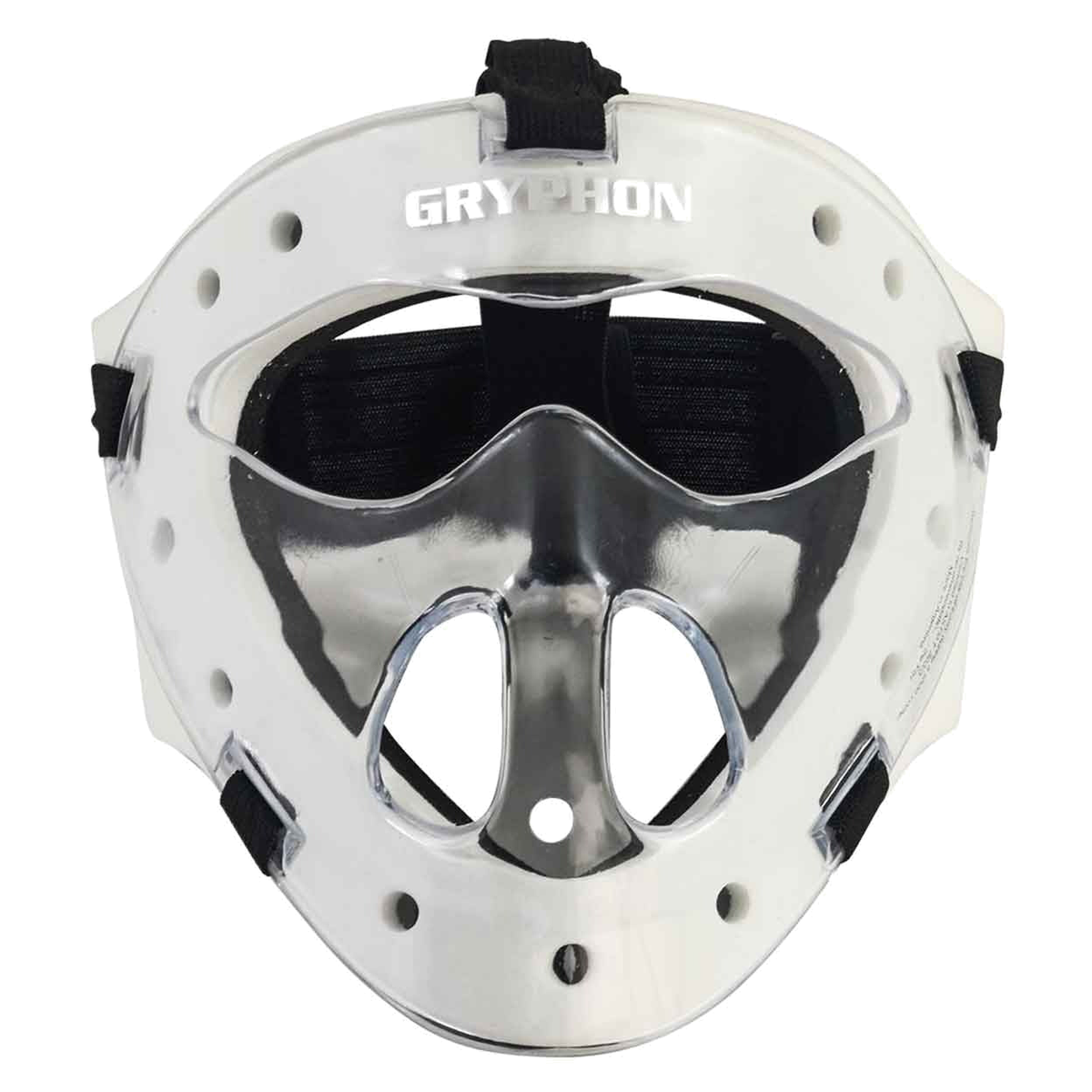 GRYPHON field hockey player face mask with clear shell, metal nose guard, and adjustable straps for protection during play
