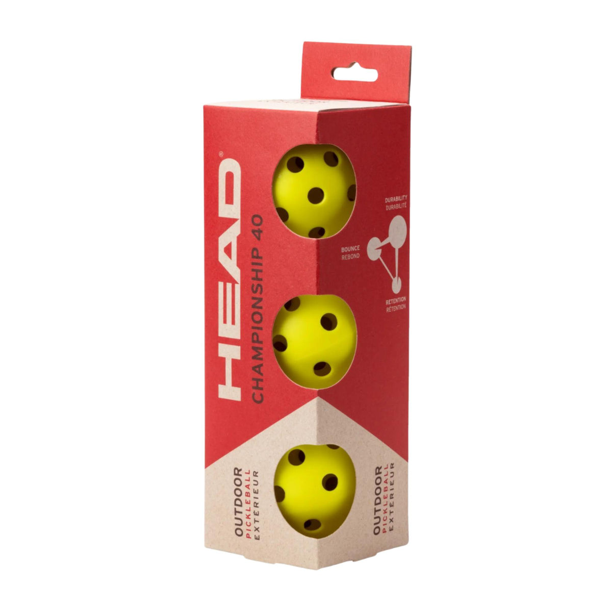 Box of outdoor pickleballs with three perforated balls visible through cutout windows in the packaging.