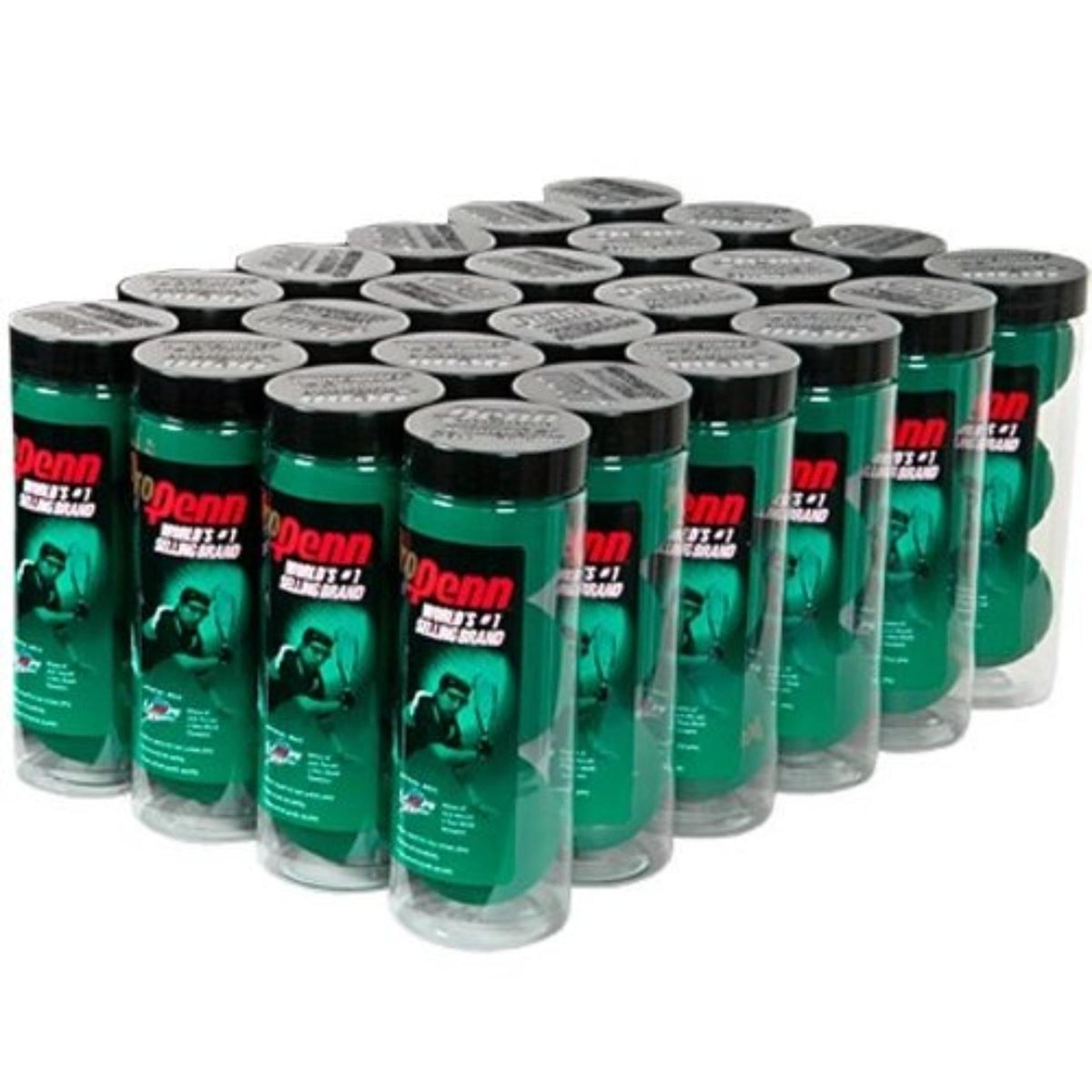 Case of Penn Pro Penn racquetballs in multiple cans arranged together.