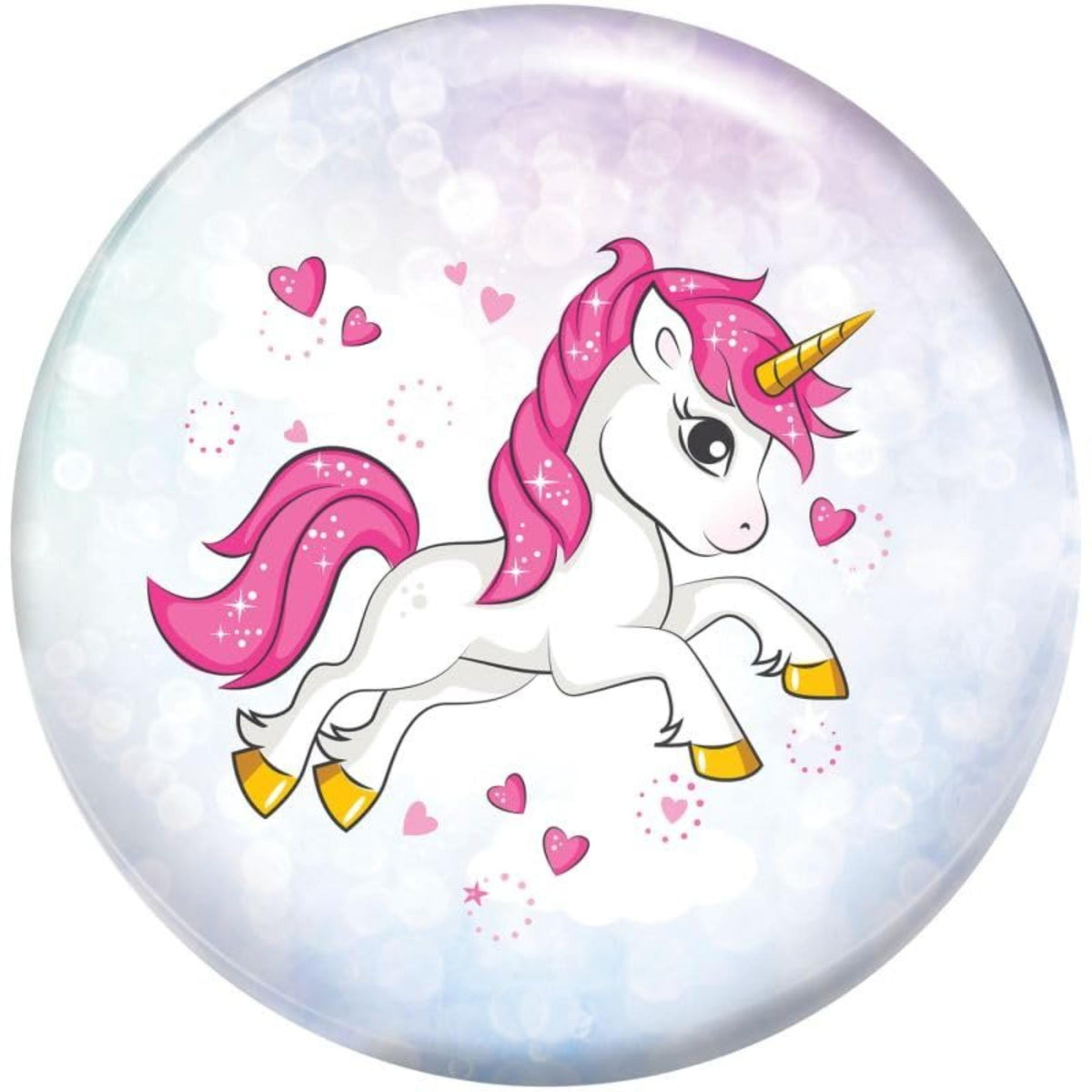 Bowling ball featuring a cartoon unicorn with a flowing mane and tail, surrounded by small hearts and decorative accents.
