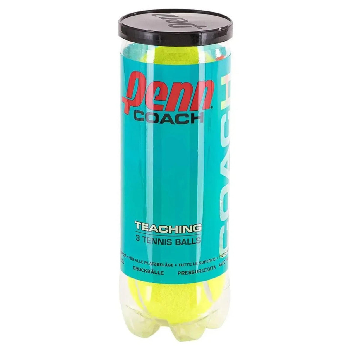 Can of teaching tennis balls with labeled packaging and sealed lid.