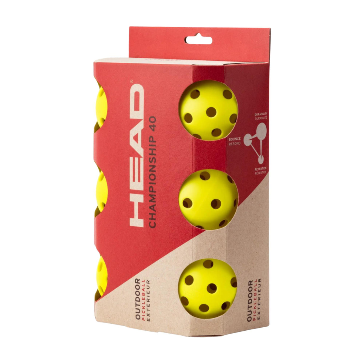 Box of outdoor pickleballs with multiple perforated balls visible through circular cutout windows in the packaging.