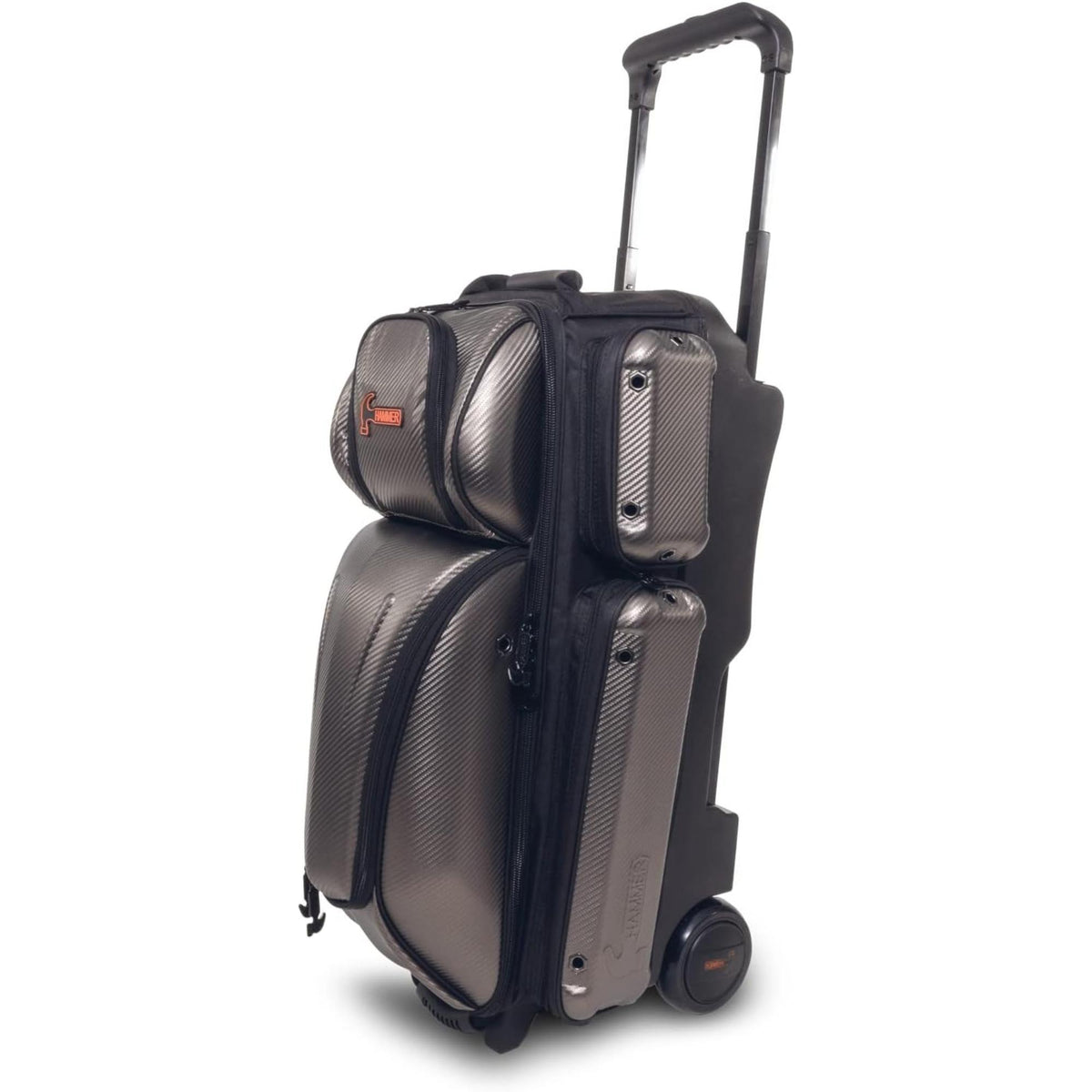 Triple roller bowling bag with hard shell exterior, telescoping handle, wheels, and multiple zippered compartments for secure storage and easy transport of bowling equipment.