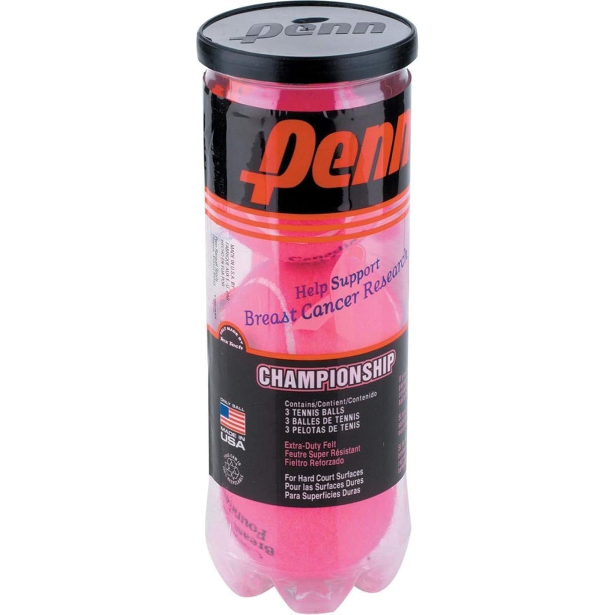 Can of tennis balls with labeled packaging and sealed lid.