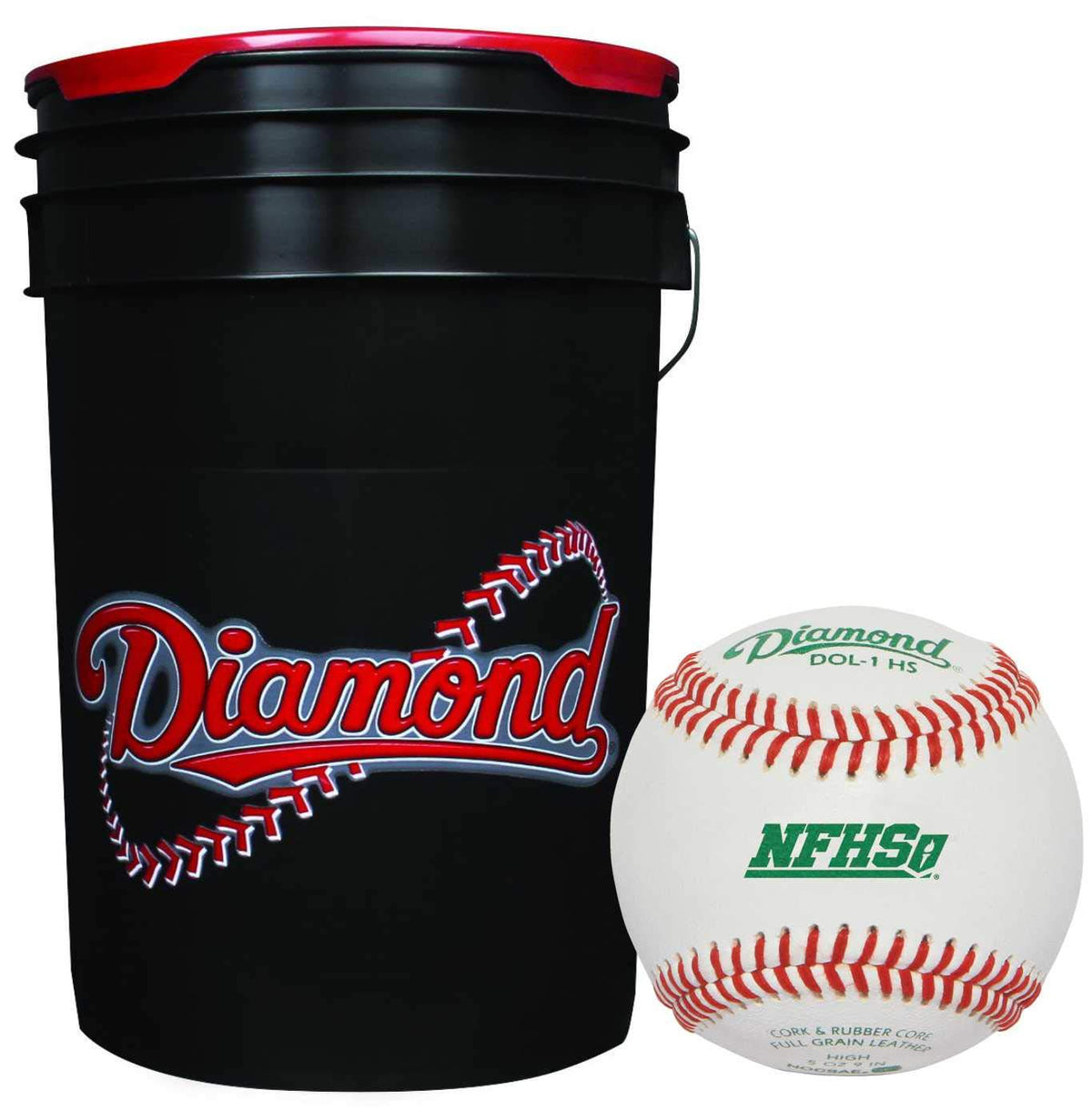 Diamond 6-Gallon Black Bucket with 30 DOL-1 HS NFHS Baseballs - front