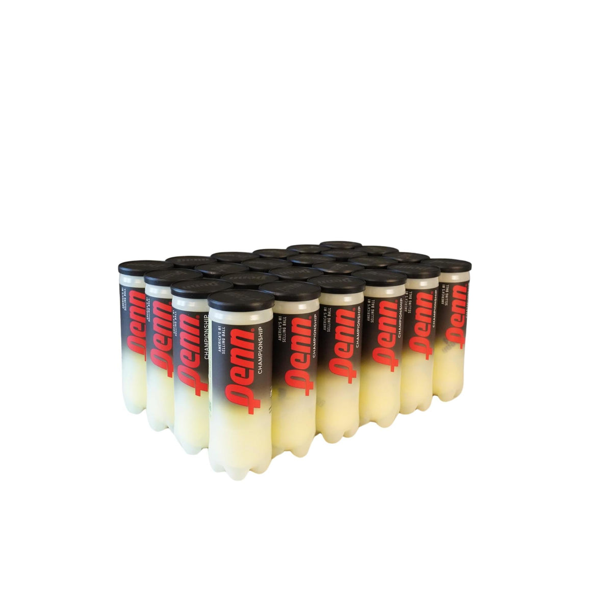 Case of tennis balls in multiple cans with labeled packaging and sealed lids.