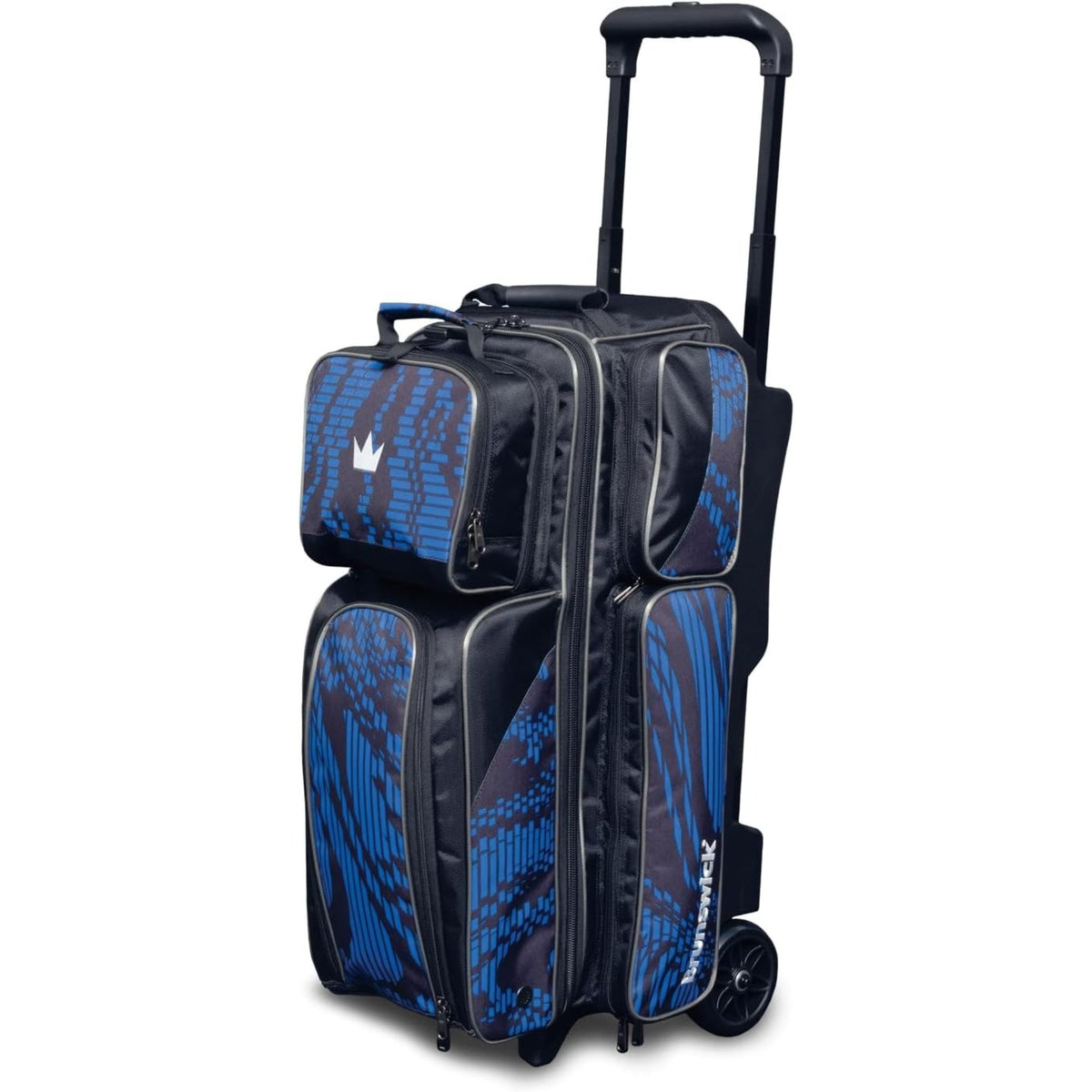 Triple bowling ball roller bag with an extendable handle, durable wheels, multiple zippered compartments, and structured design for organized transport of bowling balls and accessories.