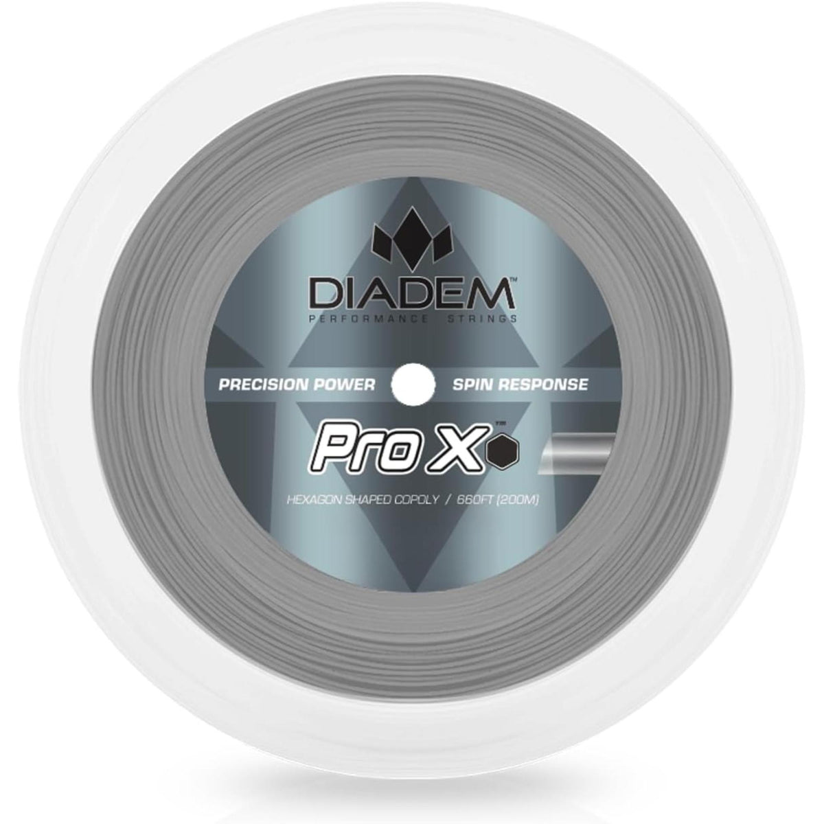 Reel of Diadem Pro X performance tennis string with precision power and spin response design for racquet stringing.