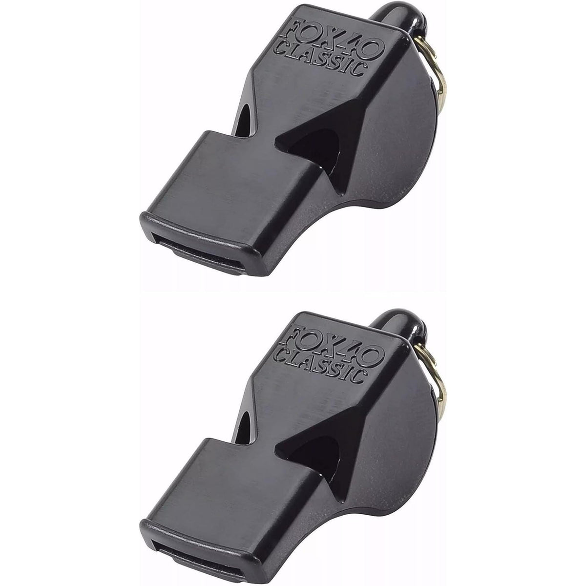 Two compact safety whistles designed for loud, clear signaling, suitable for sports officiating, coaching, or emergency use.