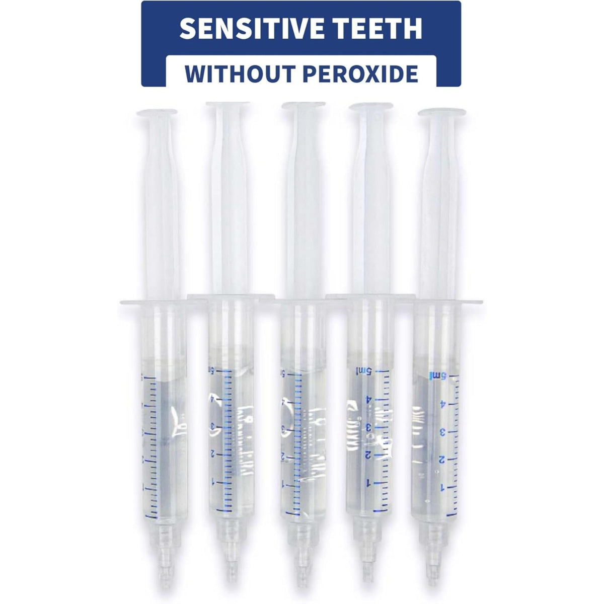 Pack of five dental gel syringes for sensitive teeth treatment without peroxide.