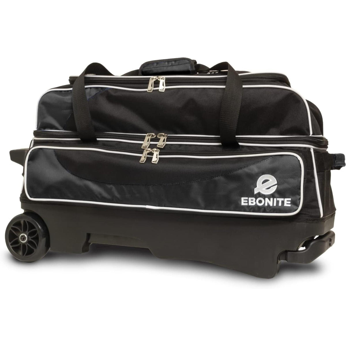 Triple roller bowling bag with multiple zippered compartments, durable frame, wheels, and carry handles for easy transport of bowling equipment.