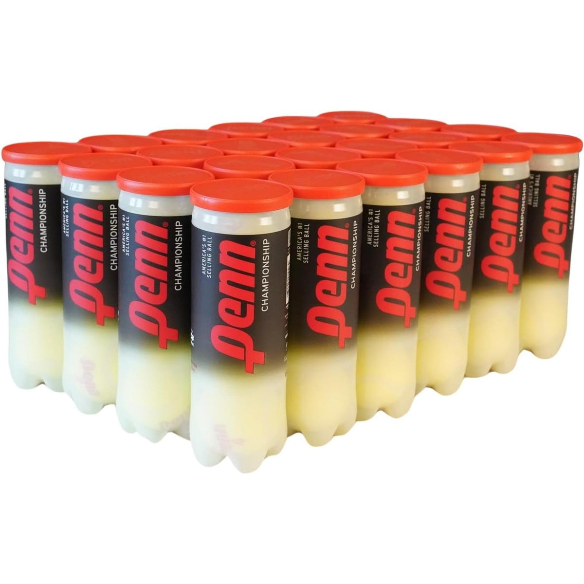 Case of tennis balls in multiple cans with labeled packaging and sealed lids.