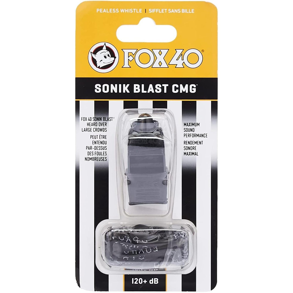 Compact safety whistle with cushioned mouth grip and attached breakaway lanyard for secure and convenient use.