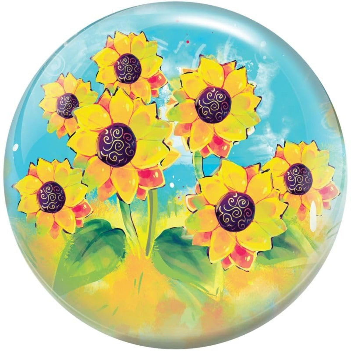 Bowling ball featuring a group of stylized sunflowers with detailed centers and petals arranged in a bright, artistic scene.